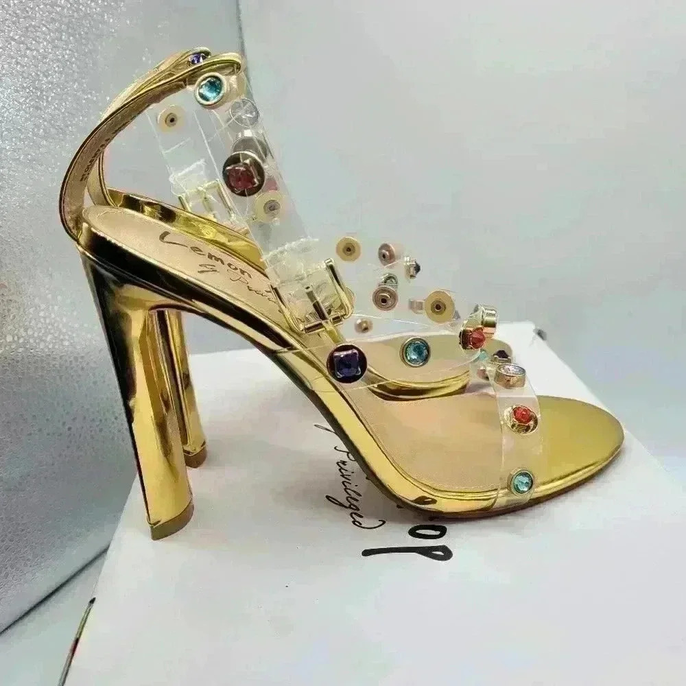 NEW IN BOX Lemon Drop by Privilege Strappy Gold Sandals 6.5 High Heel W/Stones
